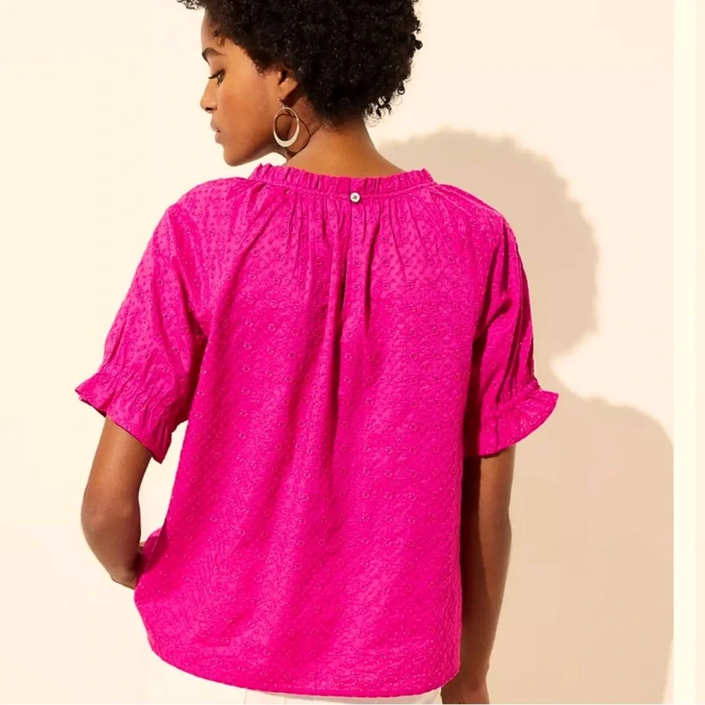 LOFT PINK EYELET RUGFLE COLLAR PUFF SLEEVE PEASANT BLOUSE EUC